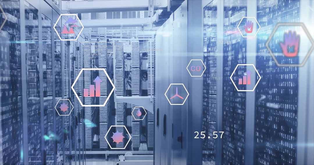 Digital Data Processing with Eco-Friendly Technology Icons Overlay