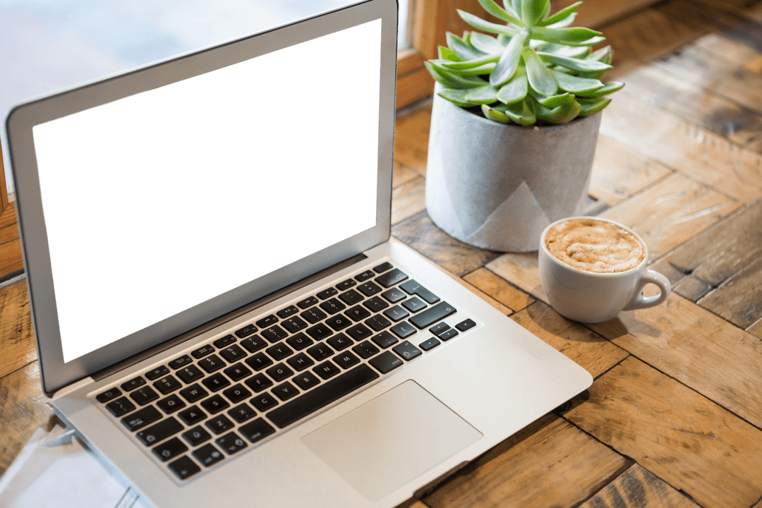 Transparent Laptop Screen in Cafe Workspace with Coffee and Succulent Plant