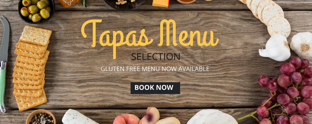 Rustic tapas menu display with snacks and fresh produce