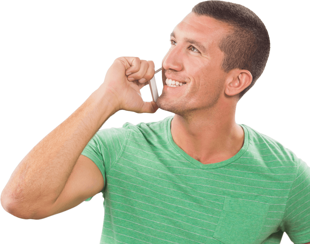 Smiling Man Holding Transparent Smartphone in Casual Green Shirt