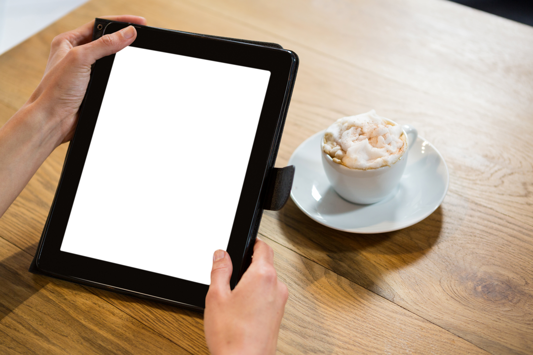 Transparent Tablet Screen in Cafe and Hands on Wooden Table - Download Free Stock Images Pikwizard.com