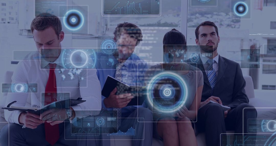 Business Team Analyzing Data Insights Horizontally Among High-Tech Overlays