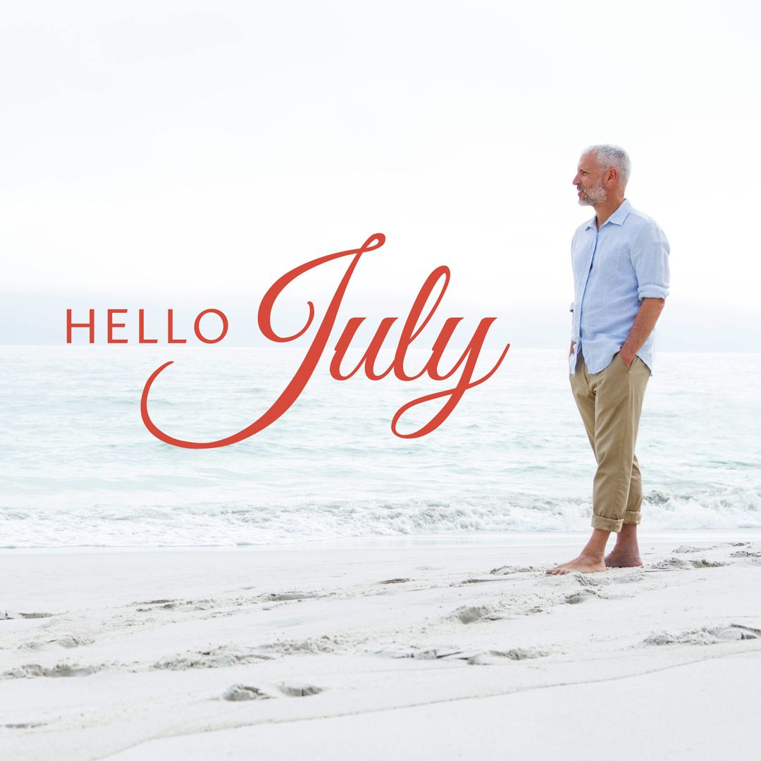 Thoughtful Senior Man Standing at Beach with 'Hello July' Text - Download Free Stock Templates Pikwizard.com