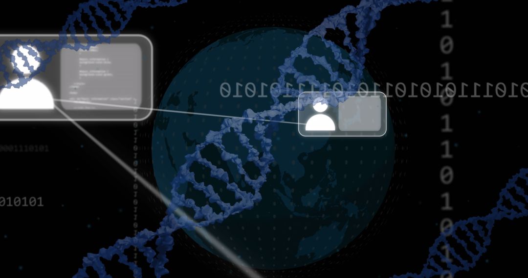 Digital dna and binary code over globe for medical tech and coding concepts