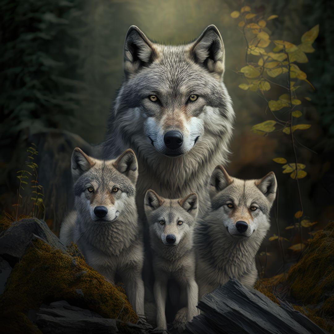 Portrait of close up of wolf with three young pups, created using generative ai technology - Free Images, Stock Photos and Pictures on Pikwizard.com