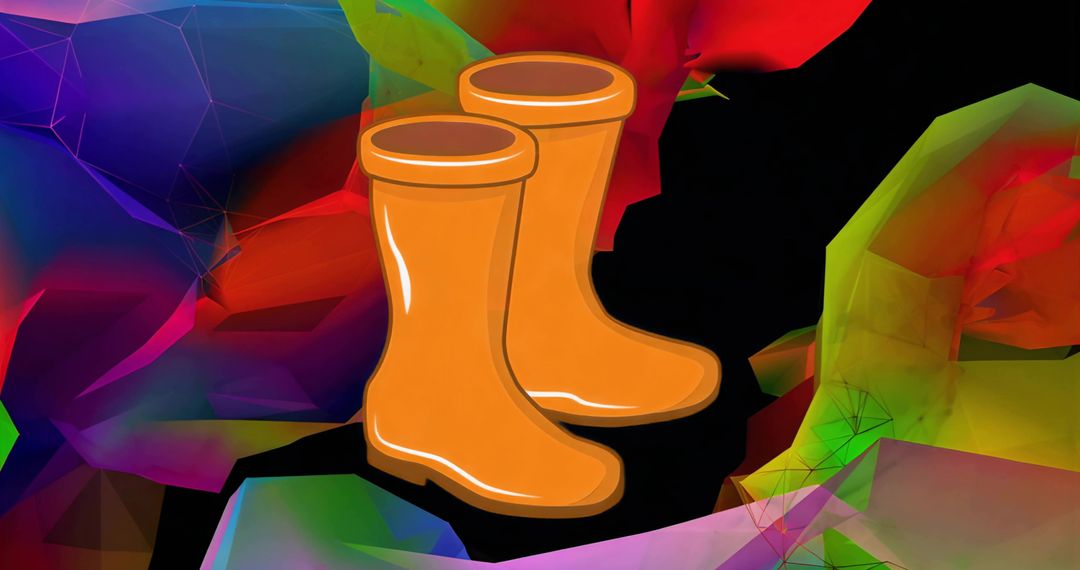 Bright Orange Rain Boots Floating over Colorful Polygonal Mesh for Playful Modern Design