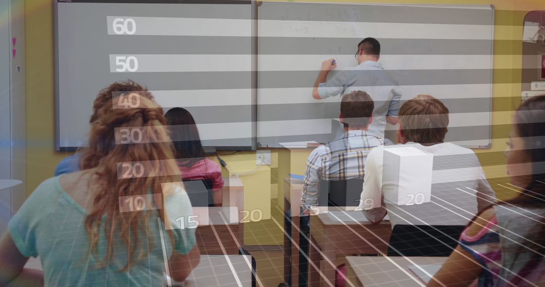 Teacher writing on whiteboard in classroom with financial graph overlay - Free Images, Stock Photos and Pictures on Pikwizard.com