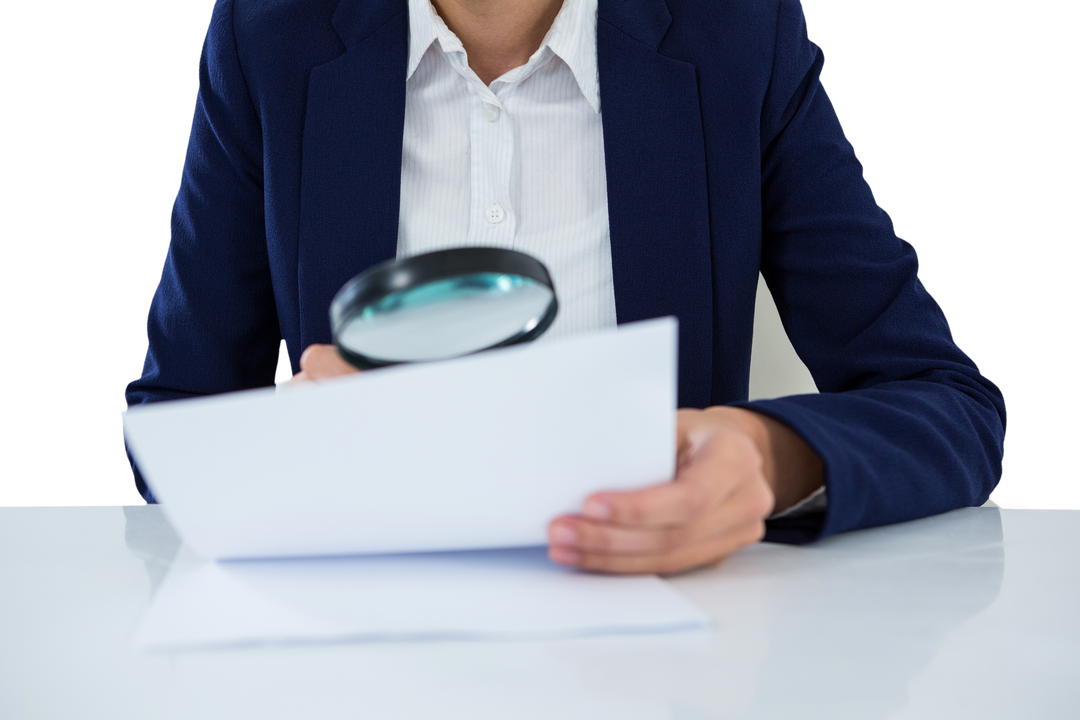 Businesswoman Reviewing Document with Magnifying Glass on Transparent Background - Download Free Stock Images Pikwizard.com