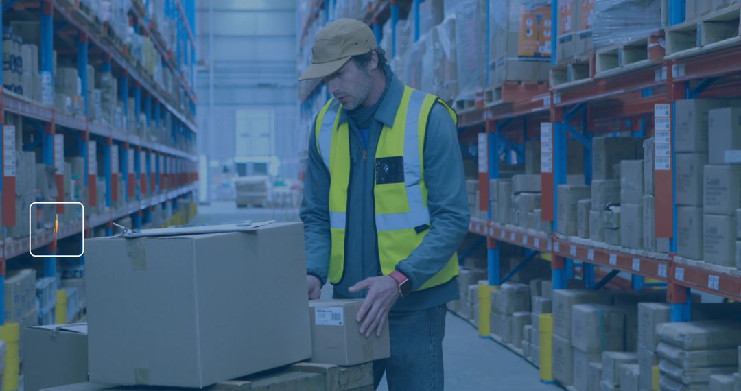 Warehouse Worker Organizing Cargo on Pallet in Storage Area