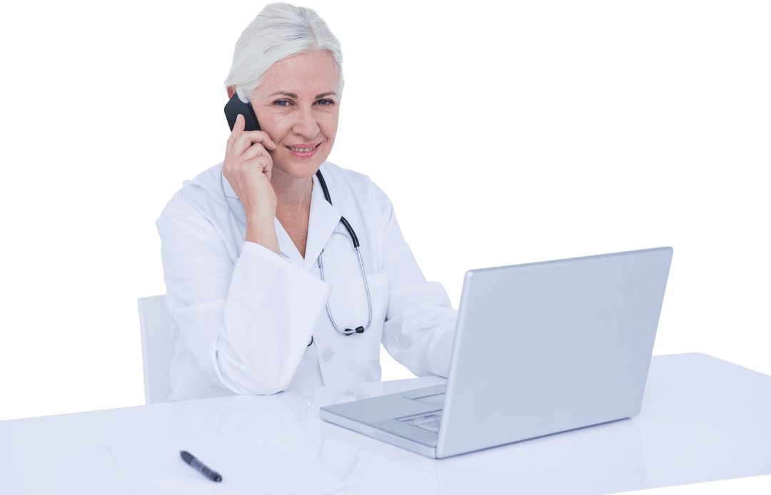 Transparent Smiling Doctor Using Phone and Laptop at Desk