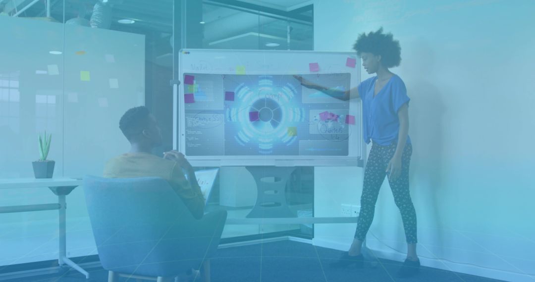 Presenting team analyzing interactive data on touchscreen whiteboard in modern office nook