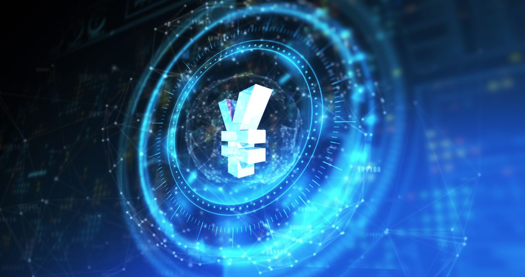 Futuristic Digital Yen Symbol in Rotating Tech Sphere