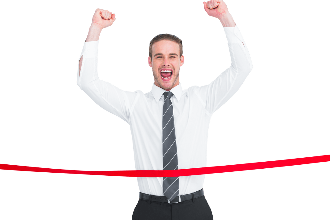 Triumphant Businessman Crossing Finish Line Transparent Background