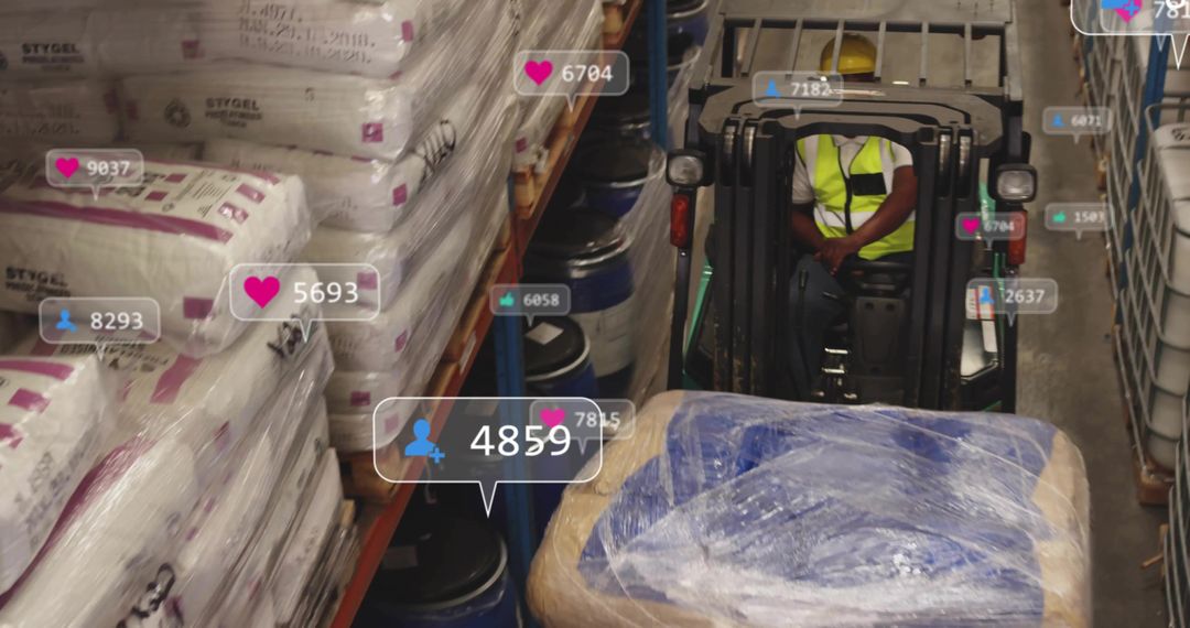 Warehouse Worker Using Forklift with Social Media Icons Overlay