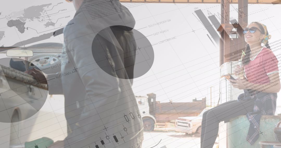Financial Data Overlay on Gas Station Scene, Highlighting Business Connections