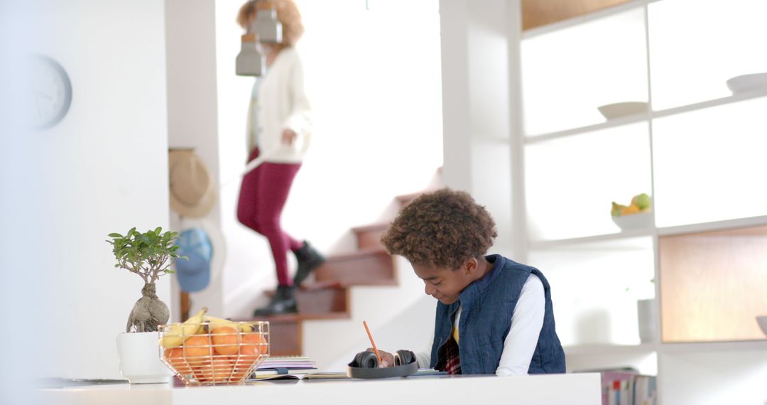 Energetic Boy Focused on Homework at Home