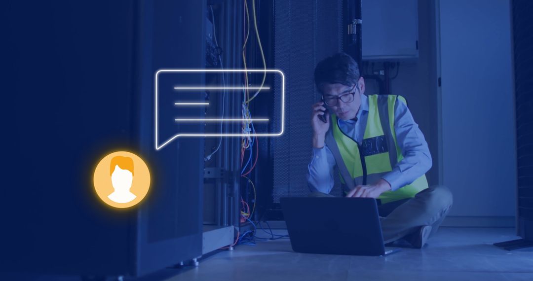 IT Technician Communicating in Server Room with Digital Interface Overlay