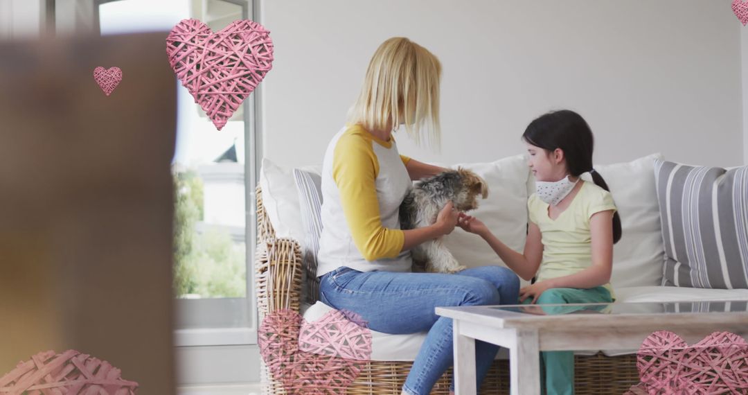 Mother and Daughter with Masks Enjoying Dog Inside Cozy Home