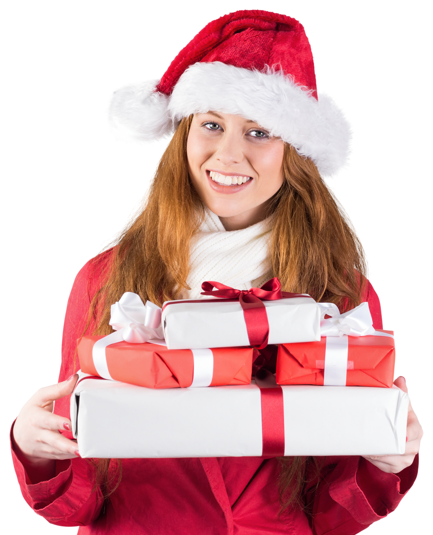 Smiling Redhead in Santa Hat Holding Gifts Transparent Background - Download Free Stock Images Pikwizard.com