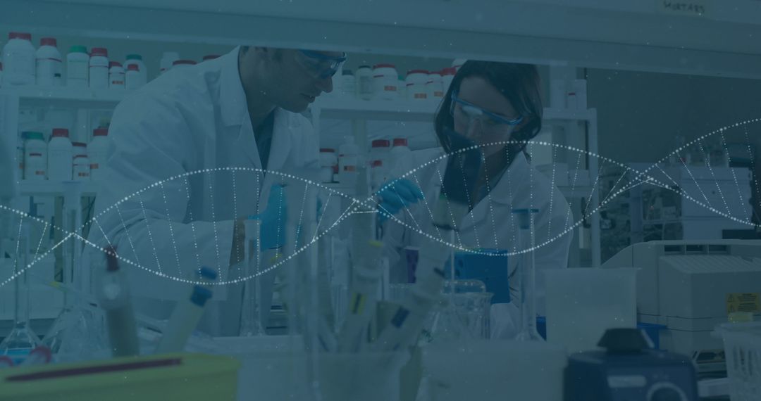Scientists Conducting Research in Advanced Lab with DNA Overlay