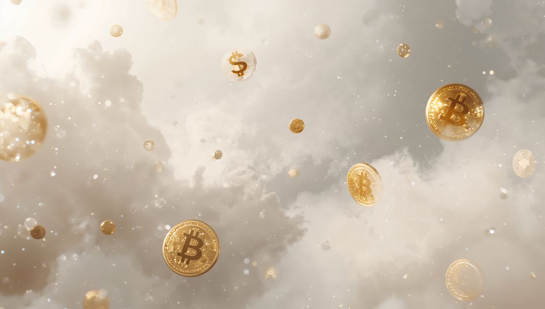 Gliding Gold Bitcoin Coins Drifting Through Pastel Cloudscape With Dollar Bubbles