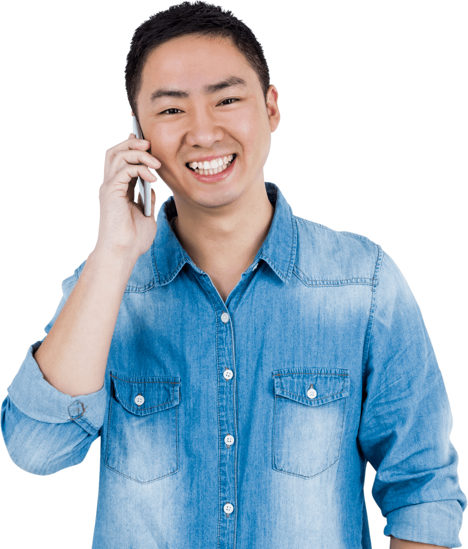 Happy Asian Man Talking on Smartphone with Transparent Background