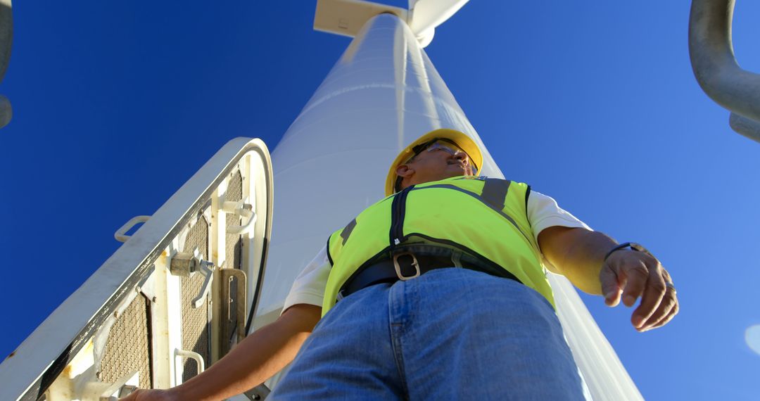 Engineer Standing Below Wind Turbine in Bright Blue Sky - Free Images, Stock Photos and Pictures on Pikwizard.com