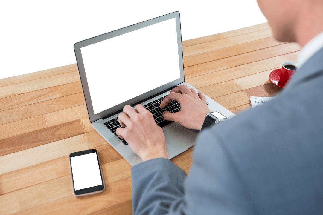 Businessman Working on Laptop with Transparent Background