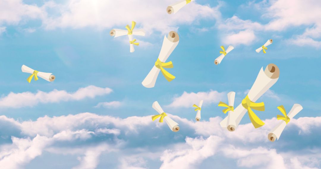 Diplomas Floating in Blue Sky with Clouds