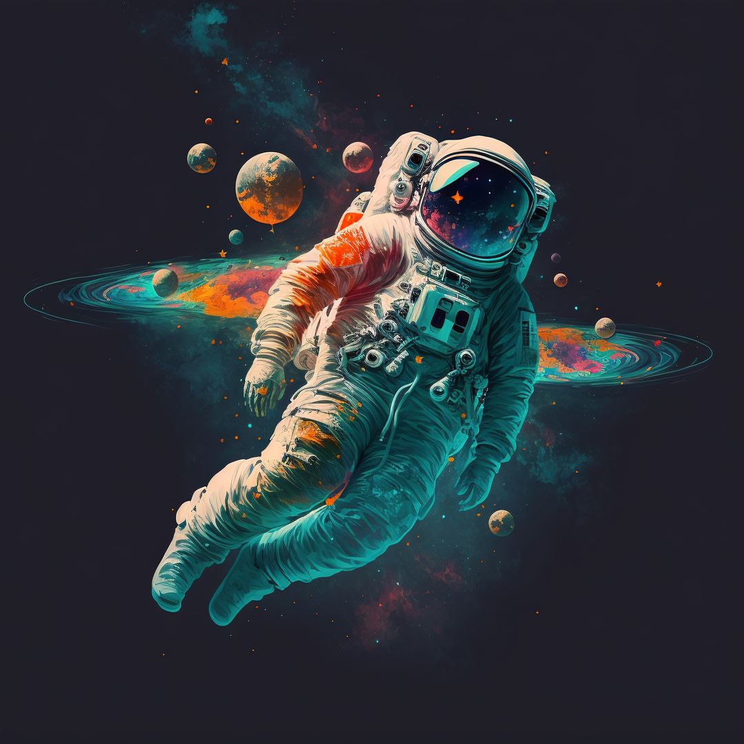 Astronaut Floating in Colorful Cosmic Space with Planets