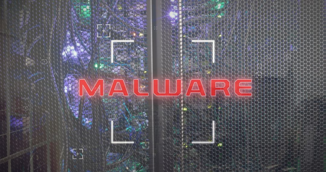 Malware Alert Text Overlay on Data Server Room