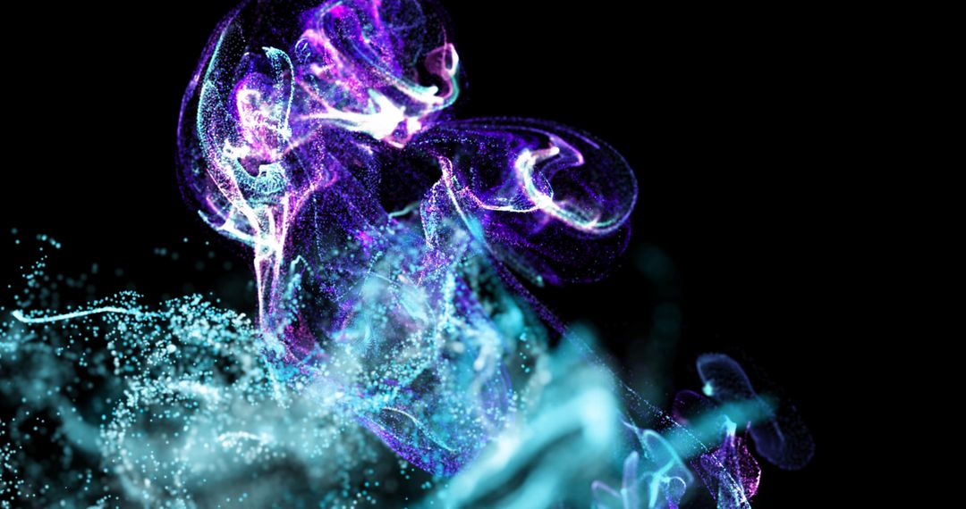 Dynamic Purple and Blue Particle Clouds on Black Backdrop