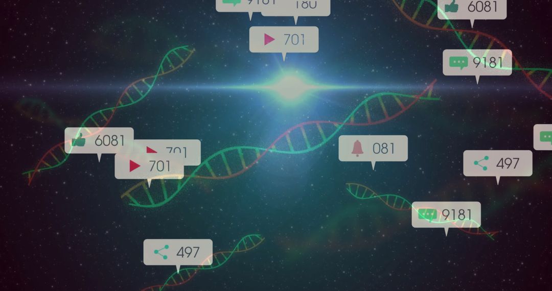 DNA Helices with Social Media Notifications in Futuristic Space Scene