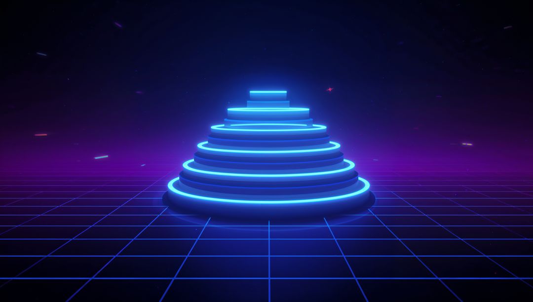 Neon Tiered Platform Hovering on Grid with Retro Synthwave Glow and Futuristic Light Rings