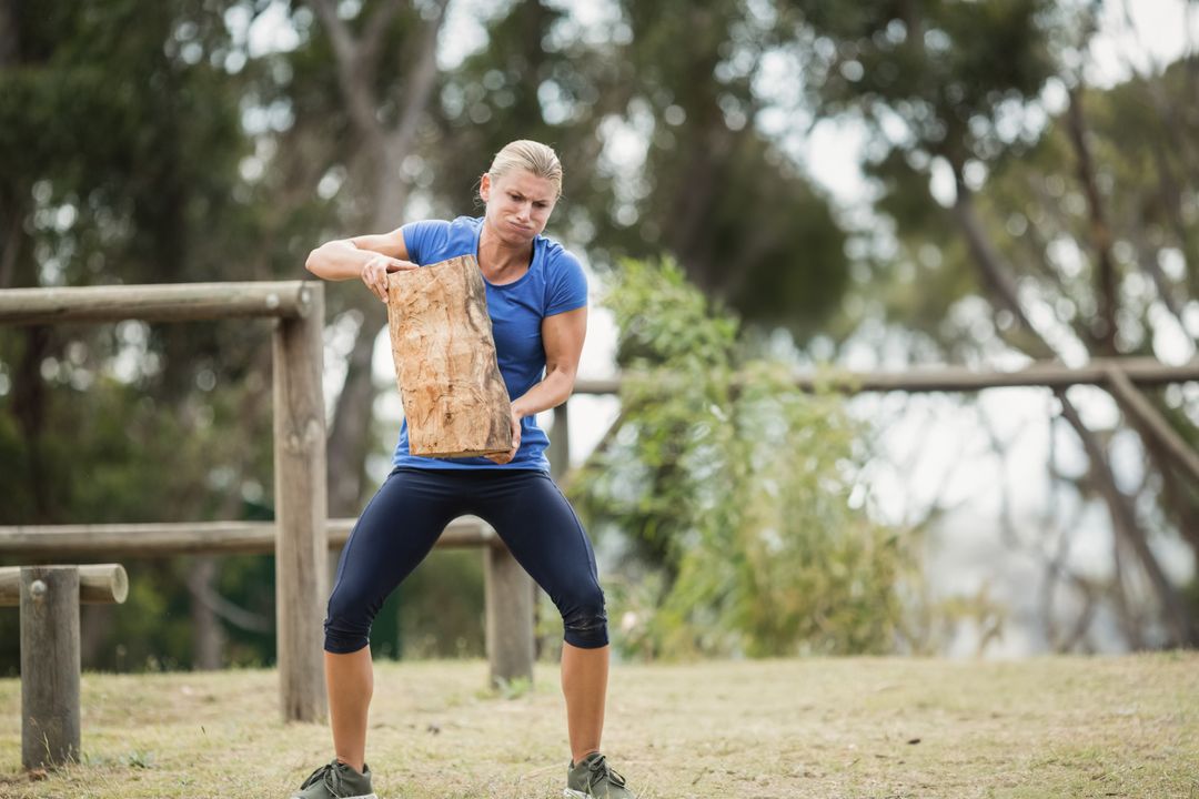 Woman Demonstrating Strength Outdoor with Tree Trunk Exercise