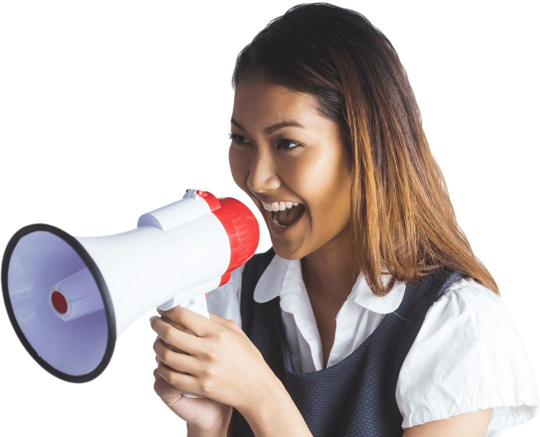Asian Businesswoman Using Megaphone on Transparent Background