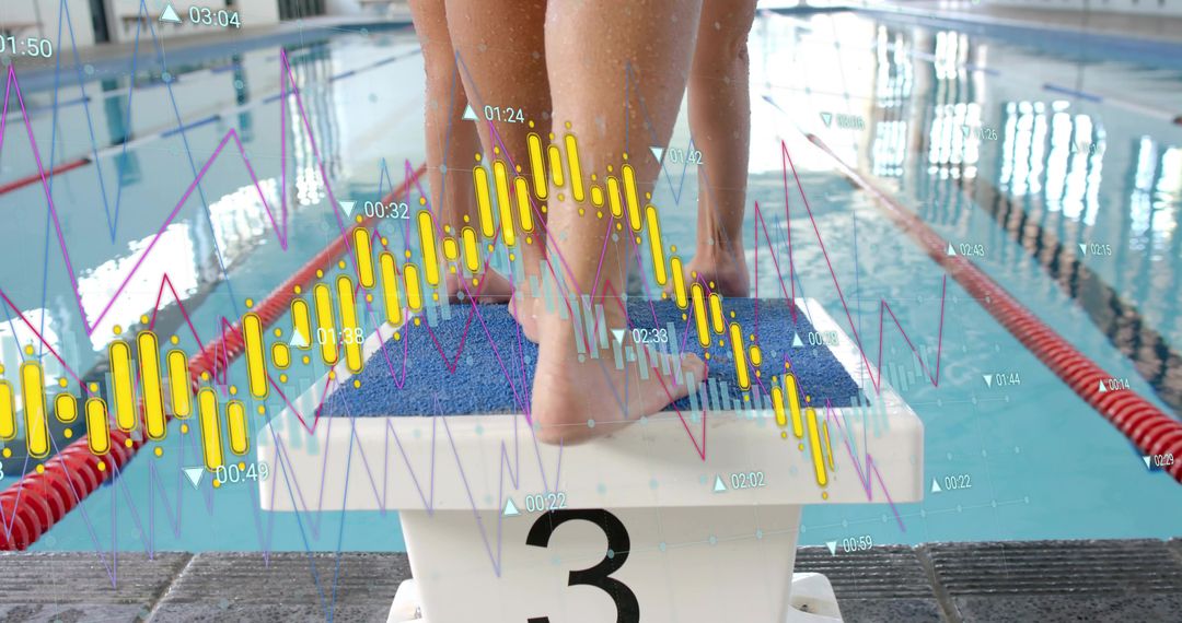 Balancing Swimmer Standing on Starting Block 3 with Digital Performance Analytics Overlay