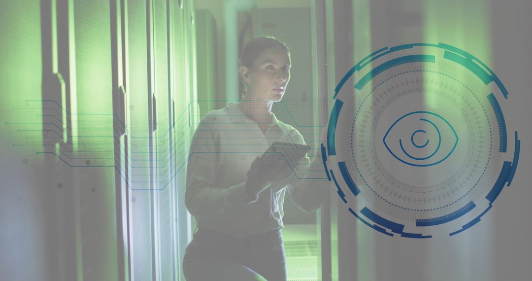 Engineer Using Tablet in Secure Data Server Room With Digital Eye Interface