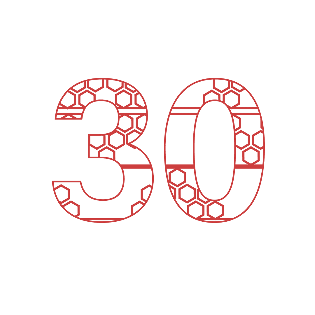 Red number 30 with geometric pattern on transparent background