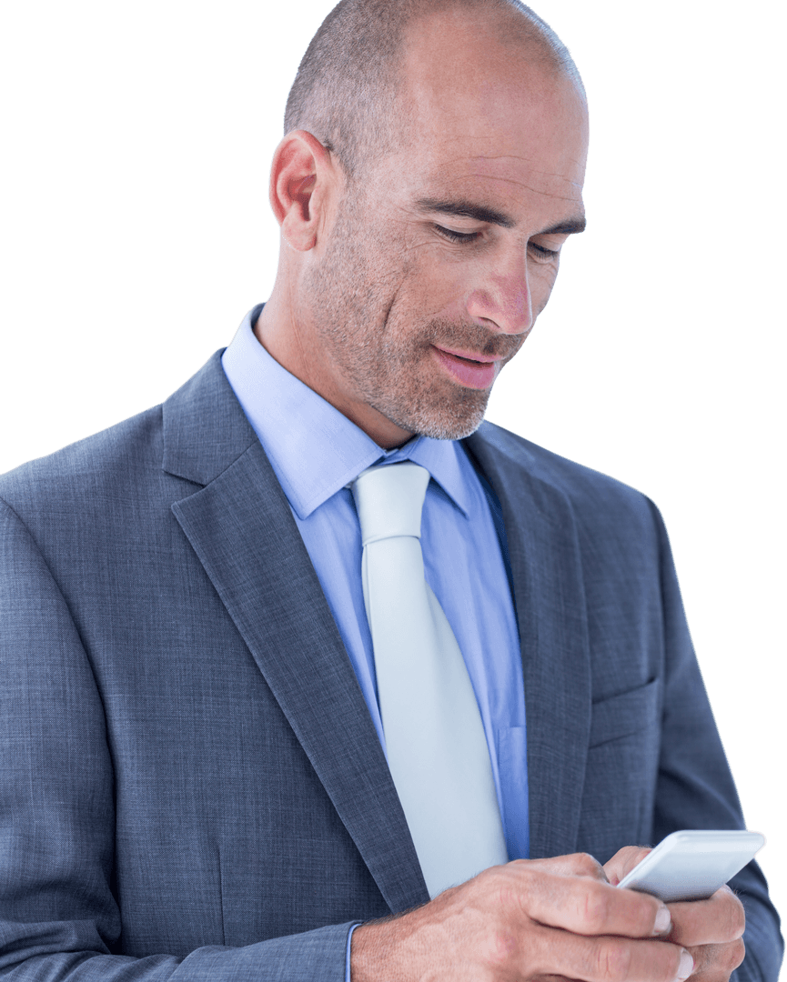 Confident Businessman Using Cellphone on Transparent Background