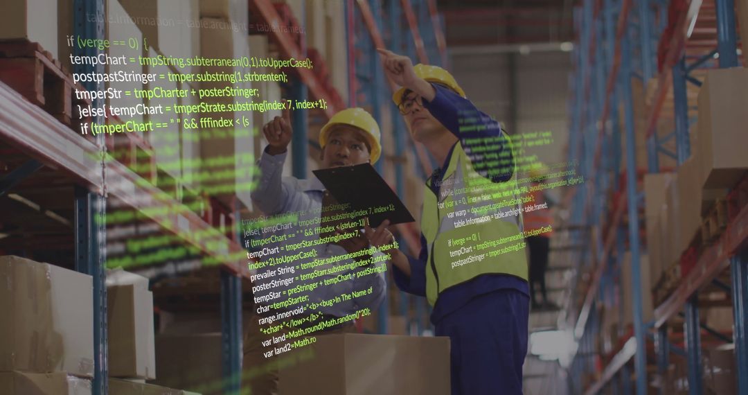 Warehouse Workers Analyzing Data with Digital Interface