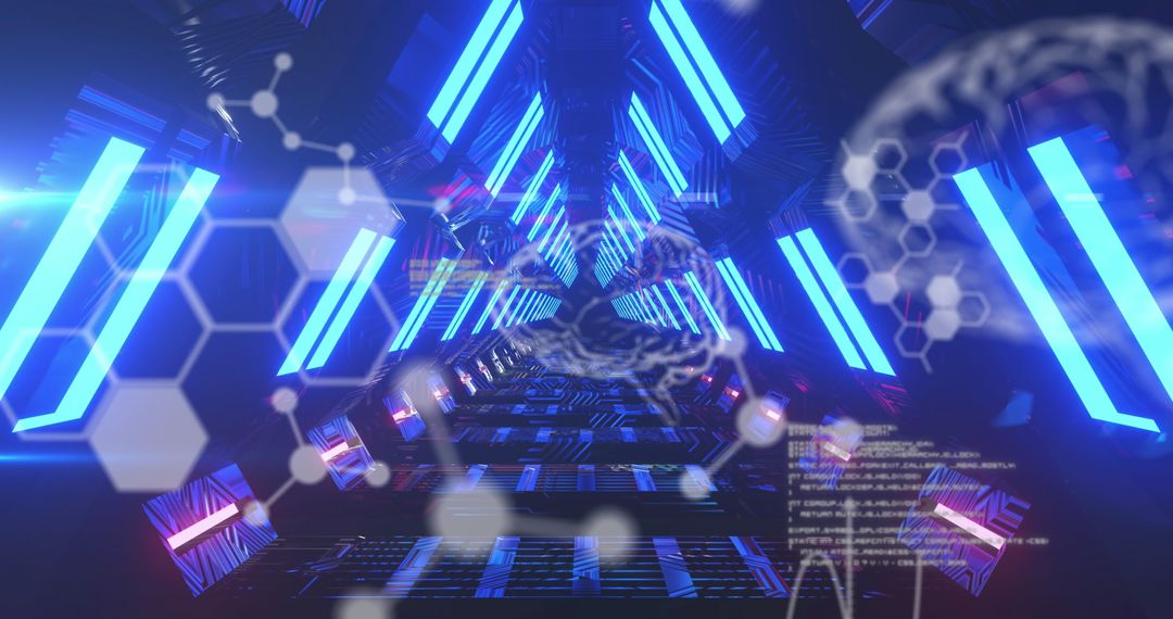 Futuristic Digital Interface with Medical Data Animation in Neon Tunnel
