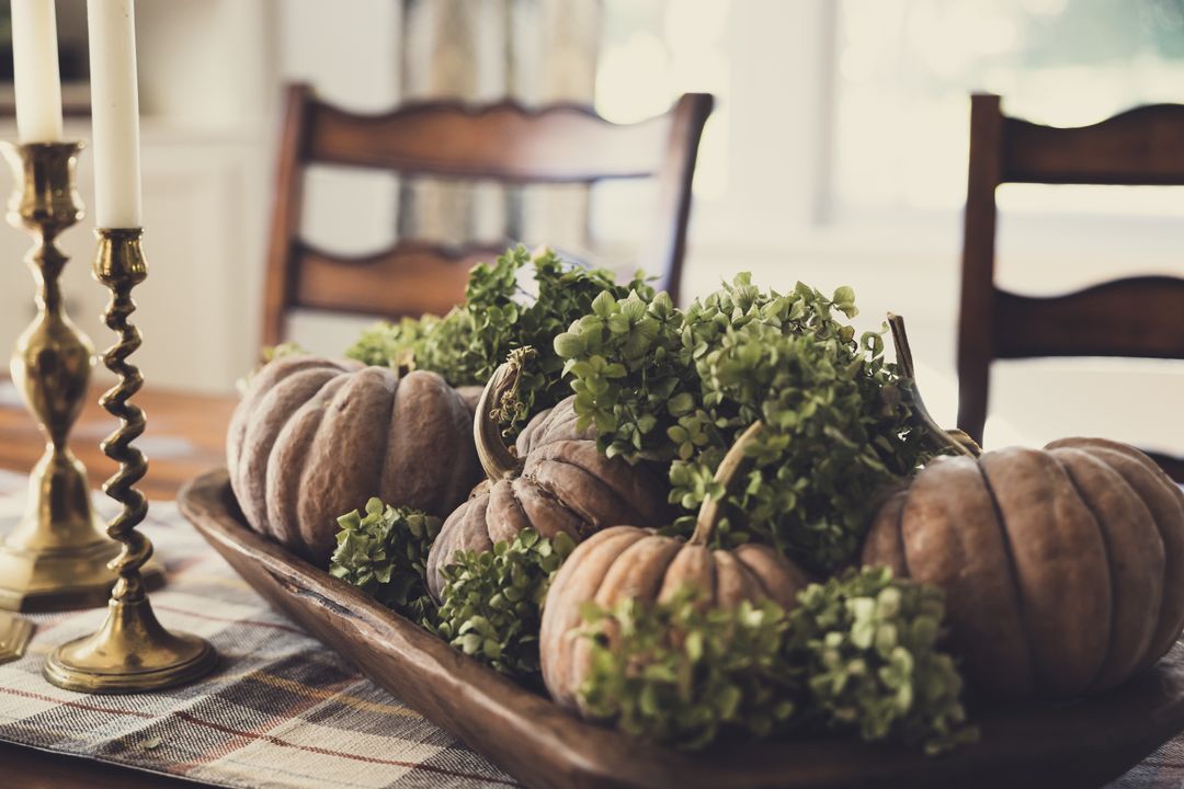 Rustic Autumn Table Centerpiece with Pumpkins and Greenery