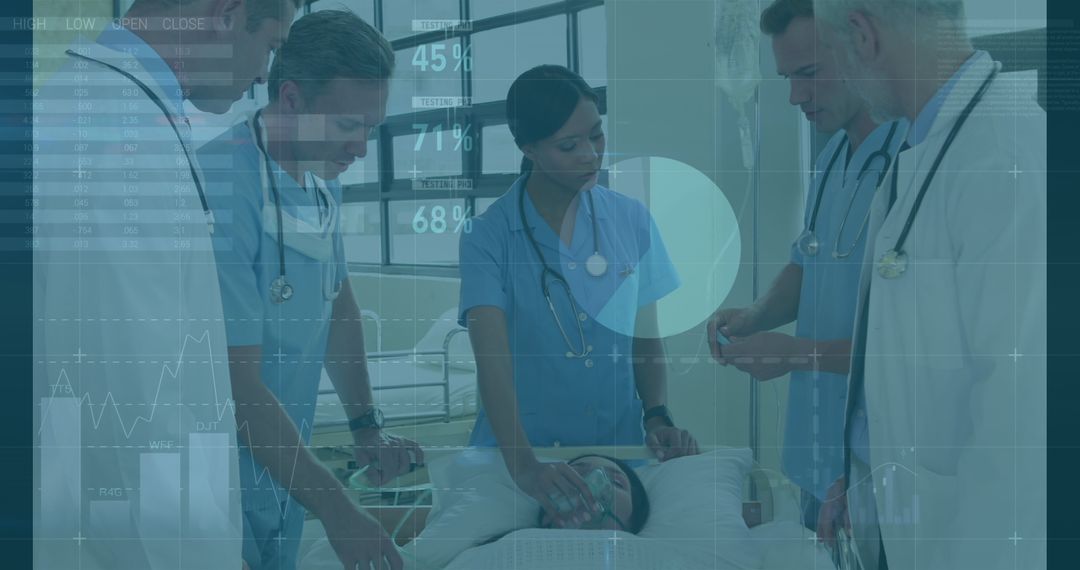 Doctors Reviewing Patient On Medical Data Overlay