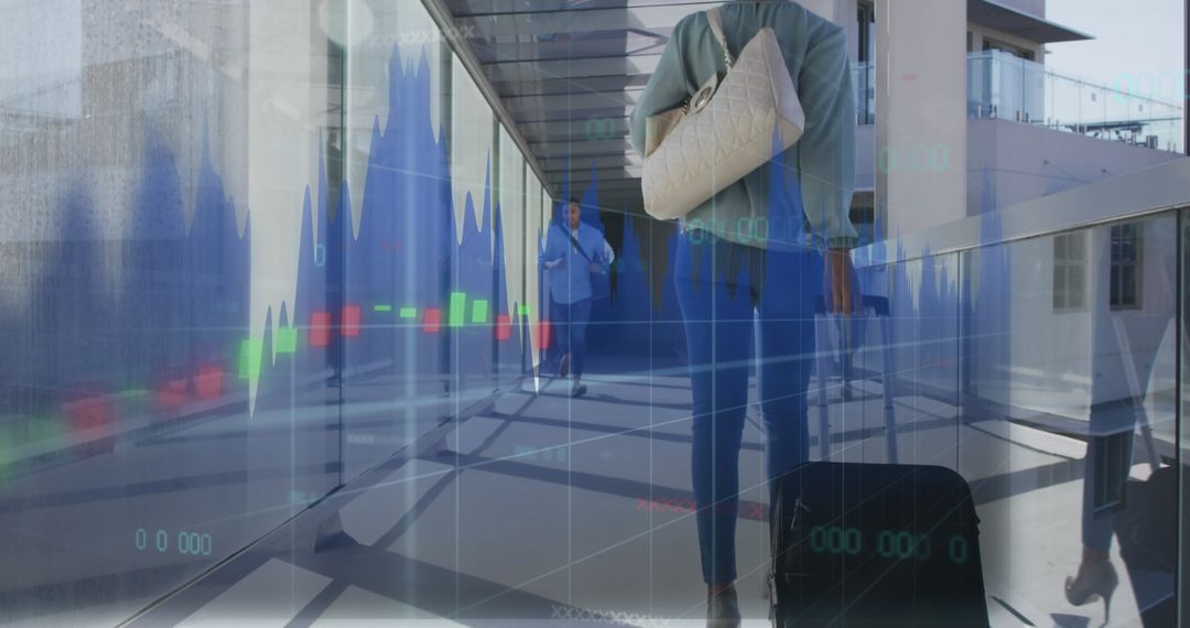 Business Travelers with Smart Tech and Financial Data Overlay