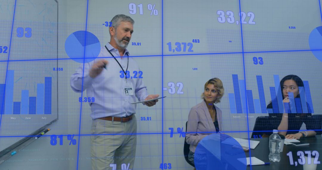 Diverse Team Discussing Data Insights in High-Tech Office Environment