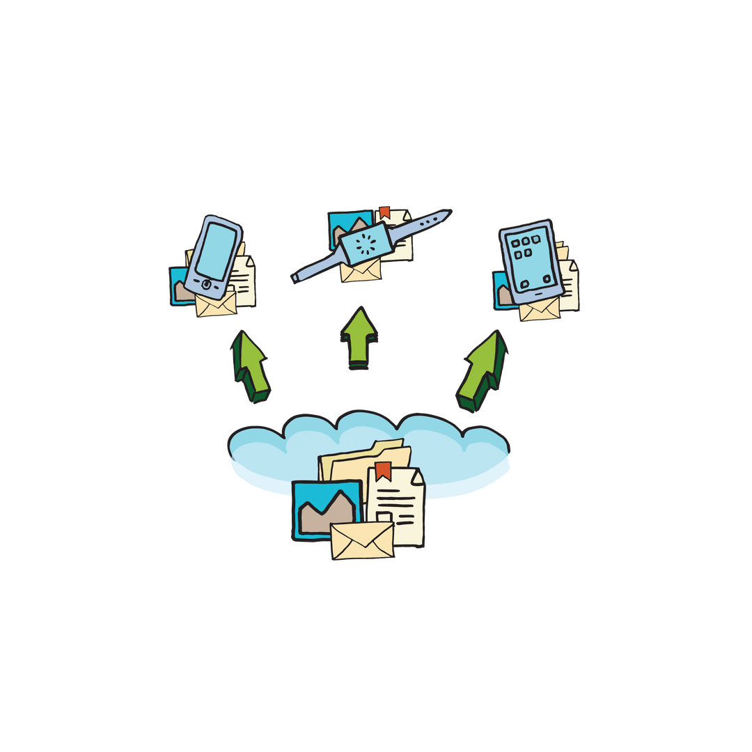 Business Icons with Arrows Connecting to Cloud on Transparent Background