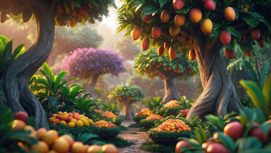 Lush tropical orchard with abundant fruit, garden of eden concept
