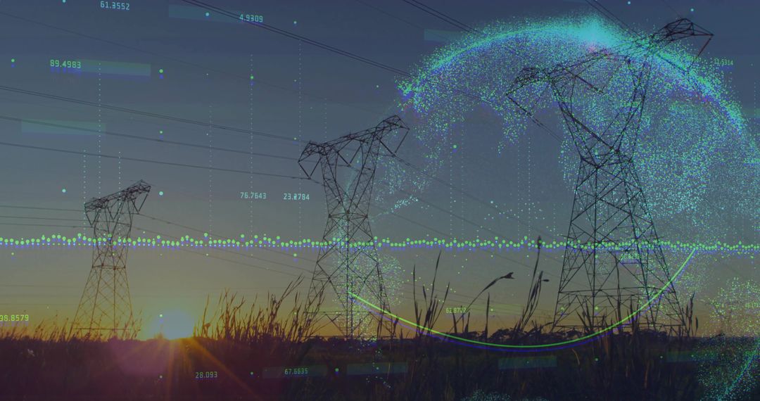 Digital Energy Innovation at Sunset with Power Lines and Data Overlay