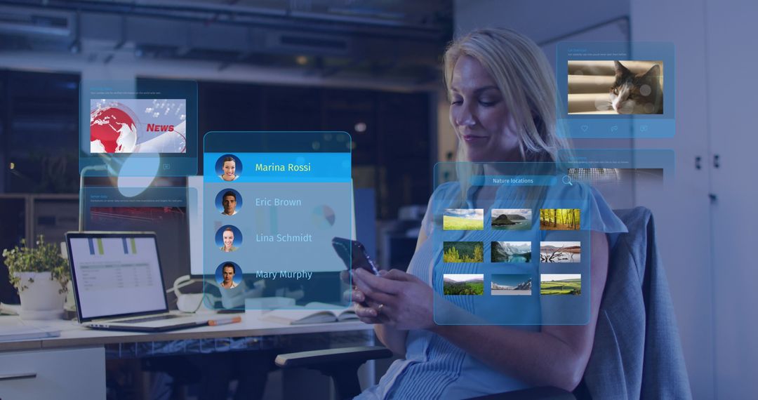 Caucasian Businesswoman Using Smartphone with Virtual Social Media Interface